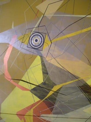 Dannielle Tegeder, detail of "Zolesay: Solar Copper Calculation Shape Language Velocity and Crystalline Code with Rhapsodic Headquarter Global Center and Atomic Mapping Center with Rectangle Space Construction Areas and Movable Segment Countries with Problem Solver Copper Transformation Shape Conductors" (2013), acrylic and ink on canvas, 9 ft 10 in x 16 ft 4 in (2.9 x 4.9 m) overall (click to enlarge)