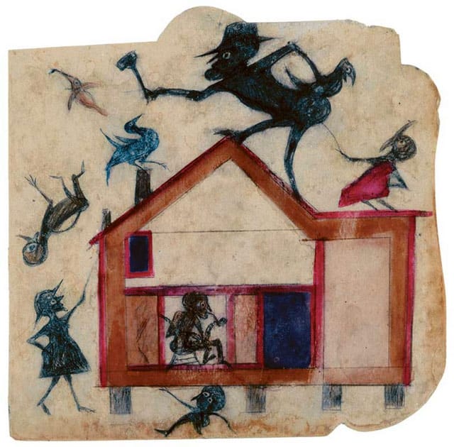 Bill Traylor, "Montgomery, Alabama" (c. 1939–47), poster paint and pencil on cardboard, 13 1/2 x 13 7/8 in (High Museum of Art, Atlanta, Georgia, T. Marshall Hahn Collection) (via folkartmuseum.org)