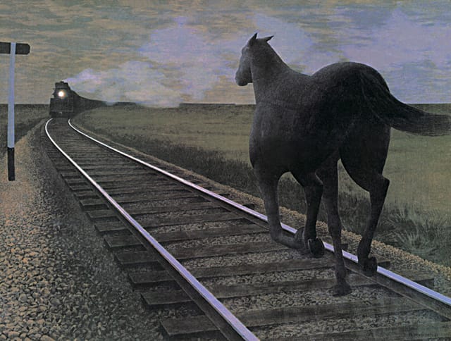 Alex Colville, "Horse and Train" (1954), casein tempera (via wikispaces)
