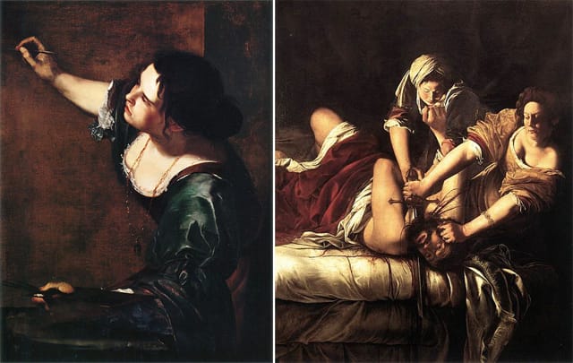 A self-portrait of Artemisia Gentileschi as an allegory of painting, and the artist's most famous painting, "Judith Slaying Holofernes" (1614–20) (images via Wikipedia)