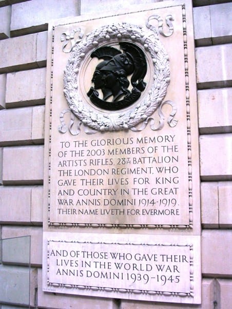 Memorial Plaque for the Artists Rifles on Burlington House (via http://artistsriflesassociation.org/)