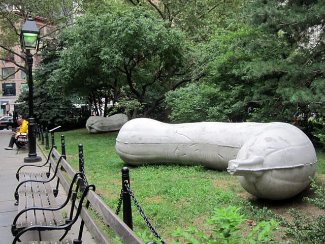 Sarah Lucas, "Florian and Kevin" (2013), cast concrete commonplace objects into monoliths. casts of concrete vegetables