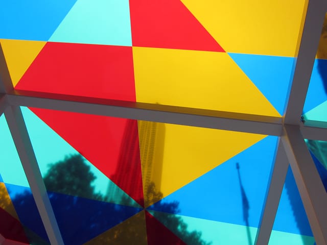 Inside Daniel Buren's "Suncatcher" (2013), powder-coated steel, glass, vinyl
