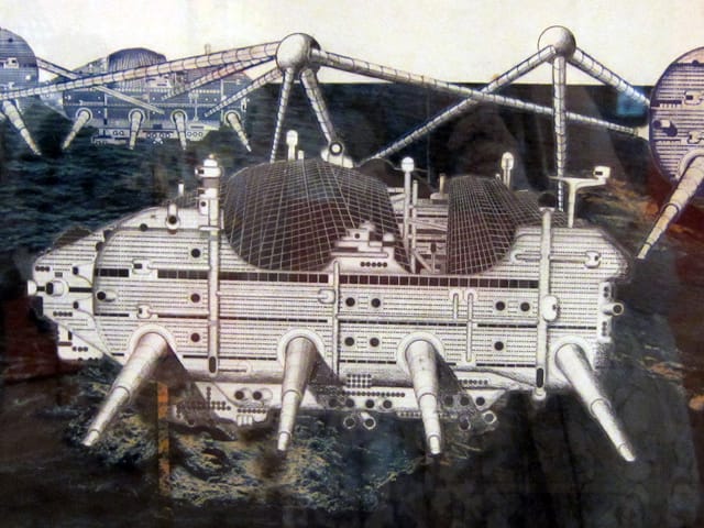 Ron Herron, "Walking City on the Ocean" (1966), cut-and-pasted printed and photographic paper and graphite covered with polymer sheet. technological utopianism, miliatary submarines with legs, urban rsources inside. circulate idea and propose new architecture. surreal. 