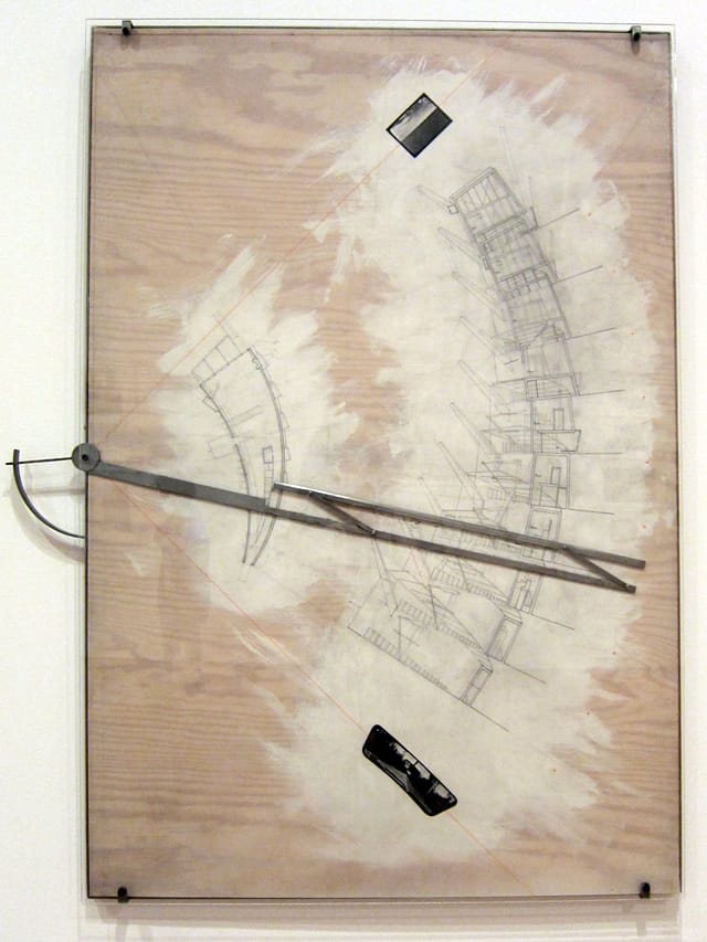 Diller + Scofidio, "Slow House, Long Island, New York" (1988-90), plan of lower level and sections, computer-generated print on frosted polymer sheet with graphite and colored ink mounted on painted wood with metal
