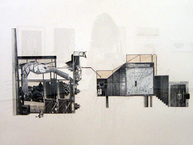 Jesse Reiser & Nanako Umemoto, "Aktion Poliphile: Hypnerotomachia Ero/machia/hypniahouse, Wiesbaden, Germany" (1989), cut-and-pasted electrostatic print, halftone lithograph, and halftone relief with pressure-sensitive printed polymer sheet, gouache, and graphite on paper mounted on board. proposal for a fmily house in the new suburb of Wiesbaden near Frankfurt, reference to the Hypnerotomachia Poliphili (1499), a REnaiisance text that inerspereses a dreamlike narrative with descriptions of architectural escapes, garden follies, and designed landscapes, similary, collages eschew realism for hybrid constructions that evoke an uneasy demoesticity. irrational. spira staircase leads to a rbridge, 