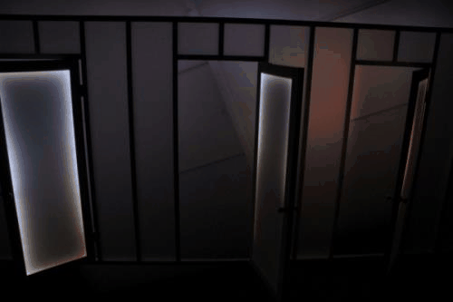 A detail from “No Exit” by L.A. artist Daniel Nord. The viewer lays inside a carpeted room, staring at the above sculpture, which dangles from the ceiling. An audio track features an array of dialogue from apocalypse-themed movies. Perfect for my apocalyptic mood.