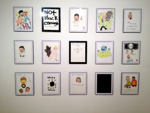 David Leggett, a collection of assorted drawings; left to right from top row: "300," (2013), "Don Cheadle Black (2013), "David danced for the lord" (2012), "Primitive" (2012), "Number four" (2012), "Sleep behind the wheel" (2012), "Giving up the ghost" (2013), "Painting Club" (2012), "Sleepin' on y'll (2013), "Cash out" (2013), "Making it look bad out here" (2013), "My vote counts" (2013), "Sister Girl" (2013), "Them boys" (2013), "Black Thang" (2012)