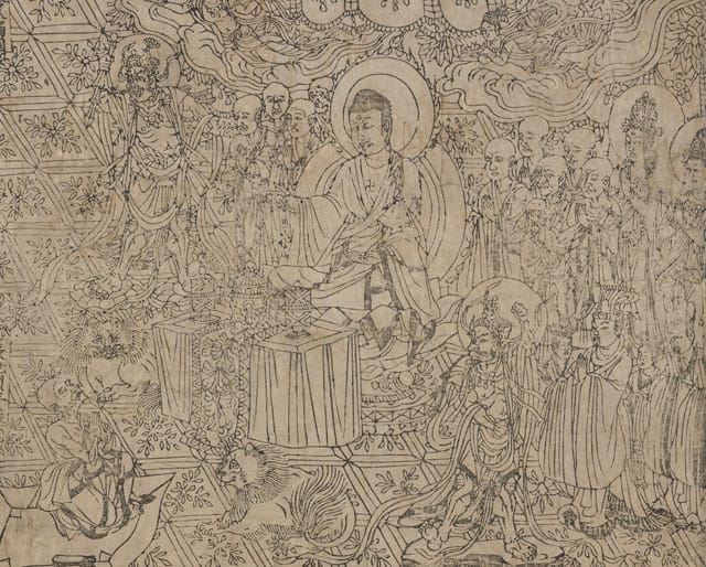 Page from the Diamond Sutra, the oldest printed book from 868 AD. (It likely does not include fishing nets, but descends from the same process.) (via Wikimedia)