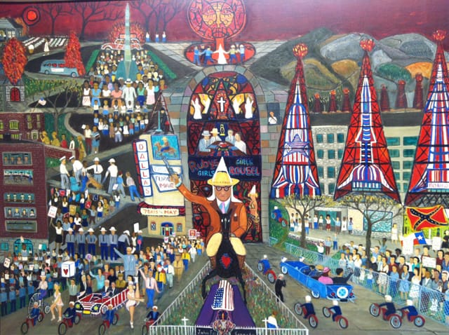 Ralph Fasanella, "American Tragedy" (detail) (1964), oil on canvas, 40 x 90 inches / 101.6 x 228.6 cm (photo by the author for Hyperallergic)