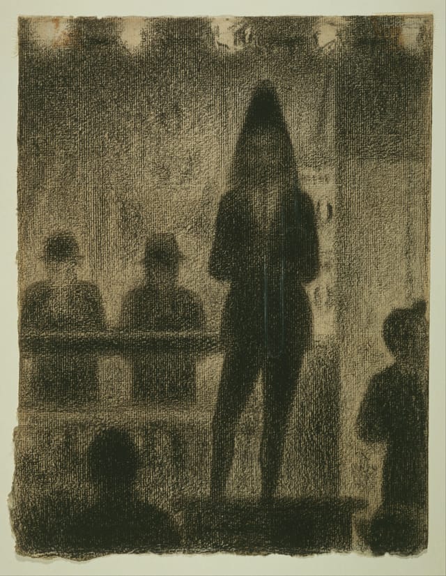 Georges Seurat, "Trombonist (Study for 'Circus Side Show')" (1887-88), Conté crayon and chalk on buff laid paper (via Wikimedia)