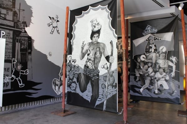 Right at the entrance to the museum, Tijuana-born artist Hugo Crosthwaite has created a series of pieces inspired by Mexican political theater of the 1920s and ‘30s. The photo doesn’t begin to convey the rich level of details in these pieces.