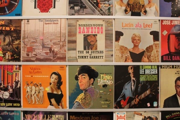 A detail of an installation by Robert Legorreta, a collection of records that examines the appropriation of Latin culture in the U.S.