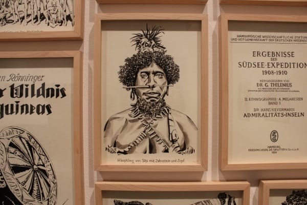 Peruvian artist Fernando Bryce regularly examines historical episodes in his work (by creating exquisite ink-on-paper drawings of news clippings.) Seen here: a wall-sized array of pieces exploring the 19th century German colonization of Samoa and Papua New Guinea.