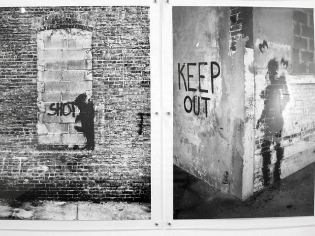 Two photographs of "The Shadowman Paintings" by Richard Hambleton in the East Village in the 1980s, photographed by Hank O'Neal