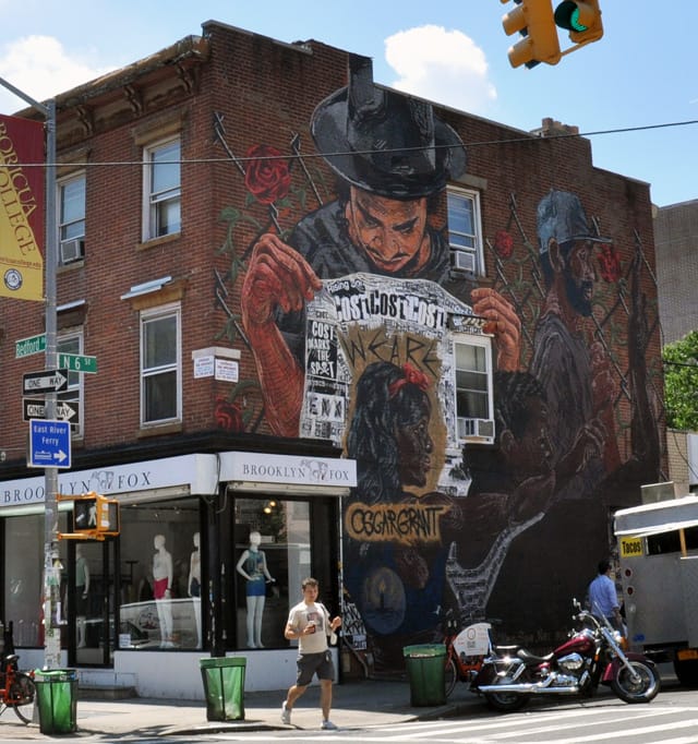 A photo of the LNY mural at the corner of Bedford Avenue and N6th Street in Williamsburg, Brooklyn. (photo by the author for Hyperallergic)