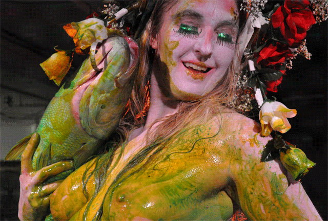 A detail GIF of one of the many tableaus that were part of La Pocha Nostra's " " (2013) performance at Grace Exhibition Space in Bushwick, Brooklyn (all images by the author for Hyperallergic)