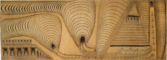 Martín Ramírez, "Untitled (Train and Tunnels)"  (c. 1952–53), graphite, tempera, and crayon on paper, 36 x 99.25 in / 91.4 x 252.1 cm (via Ricco/Maresca
