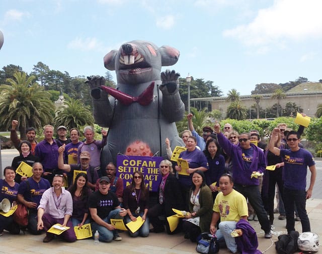 Members of SEIU Local 1021 with their inflatable rat last fall, when they were fighting with COFAM over their contract. (photo from anonymous source)