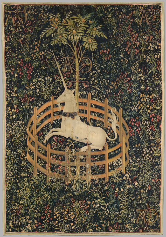 "The Unicorn in Captivity" (1495–1505), wool, silk, and silver and gilded-silver wrapped thread, 12 ft. 1 in. x 99 in. (© The Metropolitan Museum of Art)