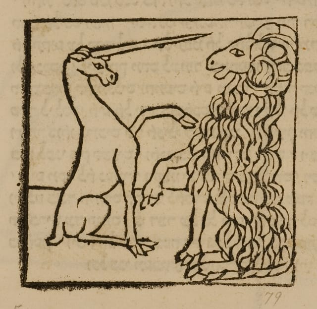 "Unicorn and Ram," from the "Meshal ha-Kadmoni (Fable of the Ancients)," written by Isaac ben Solomon abi Sahula; printed by Gershom ben  Moses Soncino; anonymous woodcuts (1491), woodcut in printed book  8 1/2 x 12 3/4 in. (© Courtesy of The Library of The Jewish Theological Seminary)