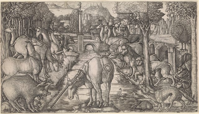 "The Unicorn at the Stream," from the "Unicorn Series" by Jean Duvet (1555), engraving, 8 7/8 x 15 9/16 in. (© The New York Public Library, Print Collection, Miriam and Ira D. Wallach Division of Art, Prints and Photographs, Astor, Lenox and Tilden Foundations)