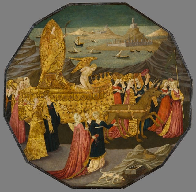 "Birth Tray with the Triumph of Chastity," Workshop of Apollonio di Giovanni di Tomaso in Italy, (1450–60),  tempera and gold leaf on panel, 23 x 23 1/4 in. (© North Carolina Museum of Art, Raleigh)