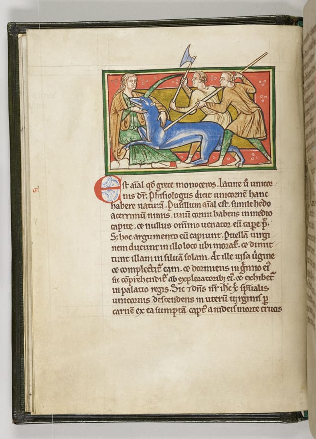 "A Maiden Taming a Unicorn," from the" Worksop Bestiary English" (1185), tempera, gold, and ink on parchment, 8 1/2 x 6 1/8 in. (© The Pierpont Morgan Library)