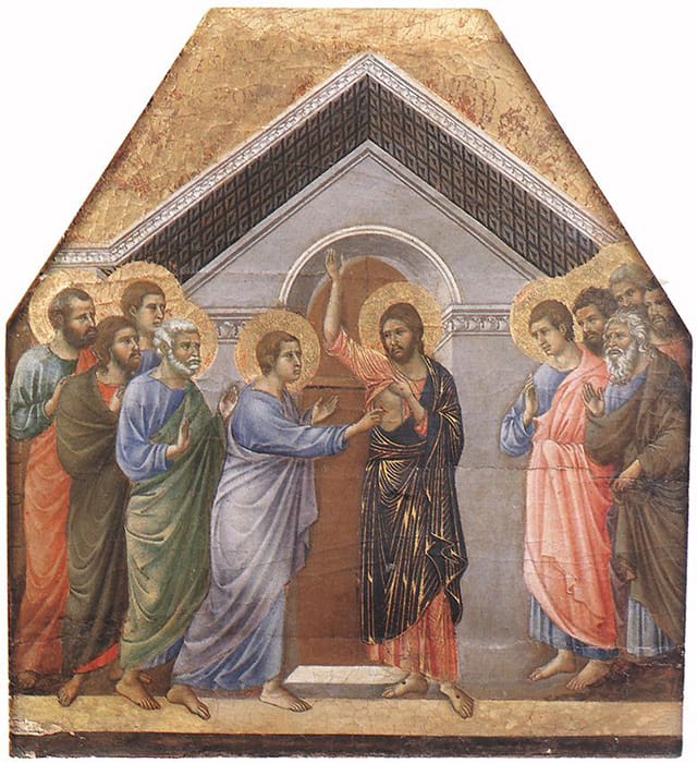 Duccio di Buoninsegna, "Doubting Thomas" (1308-1311), tempera on wood, 55.5 x 50.5 cm. (courtesy Museo dell'Opera del Duomo, Siena, via Web Gallery of Art) 