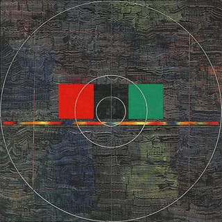 Jack Whitten, "Red, Black, Green" (1979–80), acrylic and string on canvas, 64 x 64 in