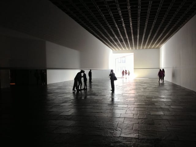 A view of Robert Irwin's installation of the classic Marcel Breuer building for the Whitney Museum of American Art on Madison Avenue. (all photos by the author for Hyperallergic)