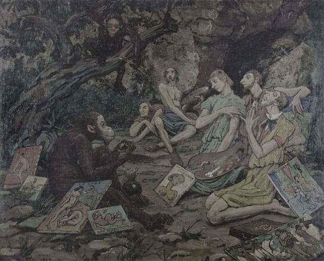 Robert W. Chanler (American, 1872–1930), "Parody of the Fauve Painters" (1913), oil on hardboard, 38½ × 45½ (97.8 × 115.6 cm). Woodstock Artists Association and Museum Permanent Collection, gift of Gertrude Jarvis, 1974-20-01)