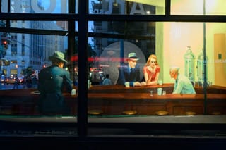 A life-size version of "Nighthawks" in the Flatiron Building (photo by Filip Wolak, via the Whitney Museum's Tumblr)