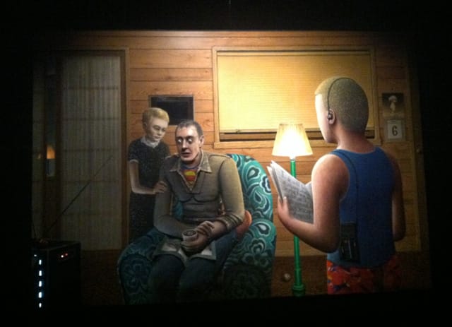 Llyn Foulkes's "Pop" (1985–90), a mixed media painting with its own soundtrack, installed in a shadowy corner of the New Museum. (photo by the author)