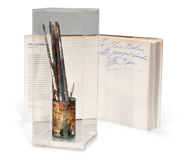 EIGHT OF FRANCIS BACON'S PAINT BRUSHES CIRCA 1969 In a `Batchelors Butter Beans' can, a hand-written label attached to one inscribed: `Francis Bacon's paint brushes given to me 7th June 1978 by Francis/ Brushes used to paint the large studies of Lucian Freud, 1969', in a later perspex case Case --- 16.1/2 in. (41.5 cm.) high; 6.1/2 in. (16.5 cm.) square Together with a signed book Lorenza Trucchi, Francis Bacon, Thames & Hudson, 1976, inscribed in ink `To Clive Barker/ with profound admiration/ Francis Bacon'