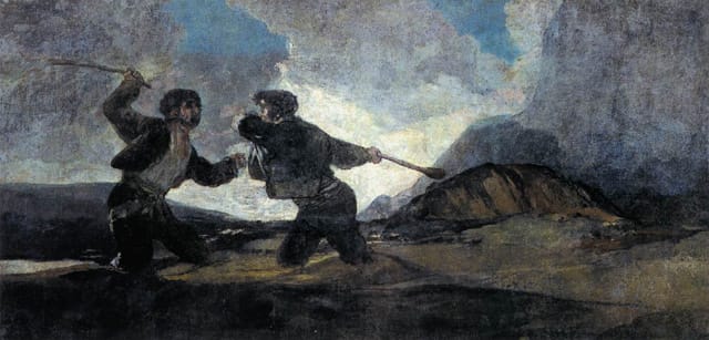 Francisco de Goya y Lucientes, "Duel with Cudgels" (1820–23), oil on canvas, 123 x 266 cm (Museo del Prado, Madrid, image via Web Gallery of Art)