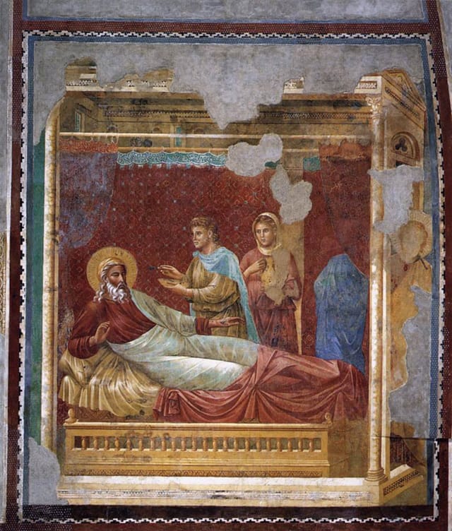 Master of the Isaac Stories, "Scenes from the Old Testament: Isaac Rejecting Esau" (1290s), fresco, 300 x 300 cm, (Upper Church, San Francesco, Assisi) (image via Web Gallery of Art)
