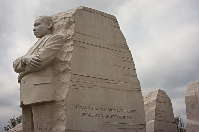 The Martin Luther King, Jr. Memorial, with the quote that has been erased (photograph by Julian Fong/Flickr user)