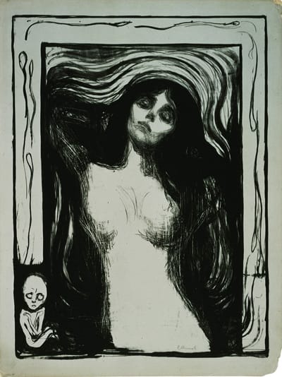 Edvard Munch, "Madonna" (1895/1897-1898), lithograph in black on green card (Epstein Family collection © 2013 The Munch Museum / The Munch-Ellingsen Group / Artists Rights Society, New York)