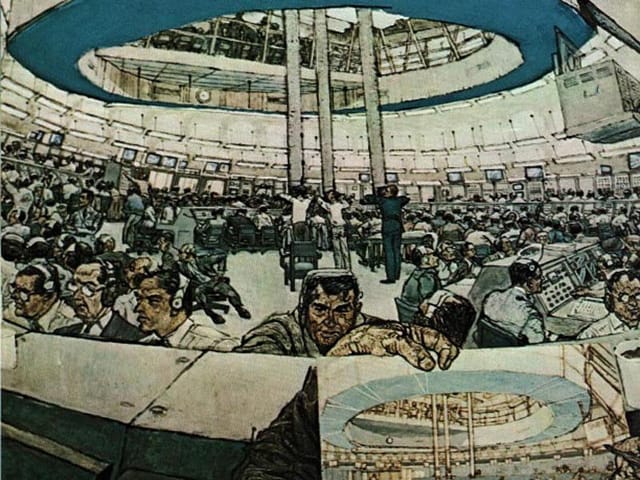 Fred Freeman, "Saturn Blockhouse" (1968), acrylic on canvas. Freeman often was given free access to space facilities during missions. Meta alert: you can see his coffee cup on the console at left, as he paints the work in his hand on the right. 