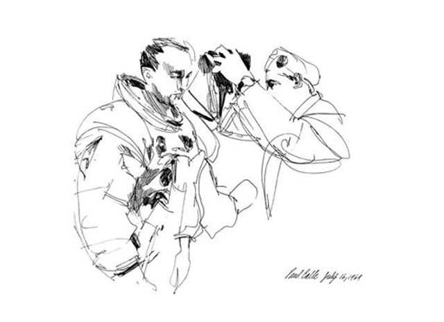Paul Calle, "Mike Collins" (1969), felt tip pen on paper. Calle sketched the Apollo 11 astronauts in person on the morning of July 16, 1969 as they prepared for the first trip to the moon