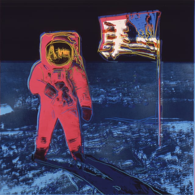 Andy Warhol, "Moonwalk" (1987), silkscreen on paper, showing Buzz Aldrin standing on the moon. 