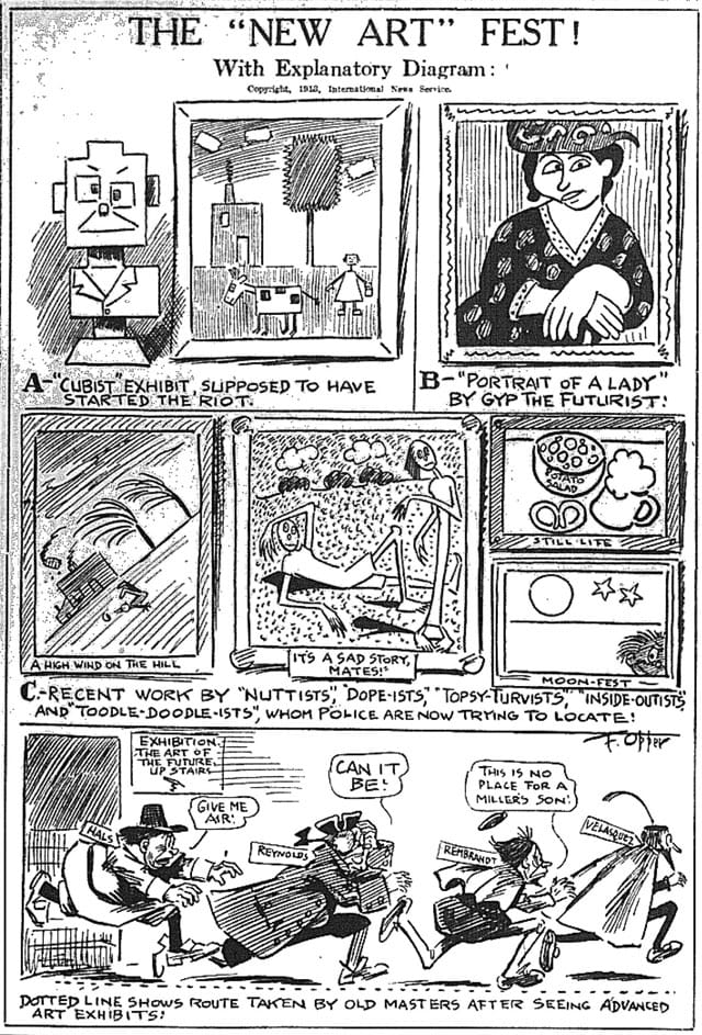 Frederick Opper (American, 1857–1937), “The ‘New Art’ Fest,” New York American, Feburary 27, 1913, 20. (From the Library of Congress, Chronicling America: Historic American Newspapers)