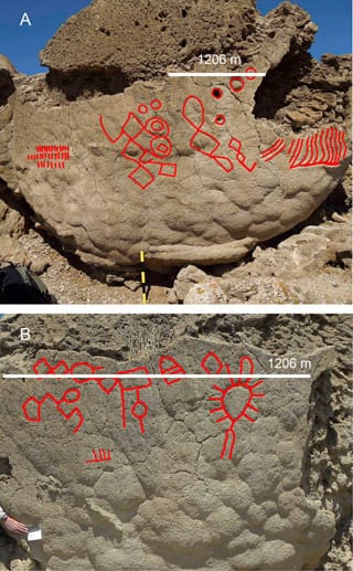 Two images trace the shapes of some of the petroglyphs more clearly and show their relative size (click to enlarge)