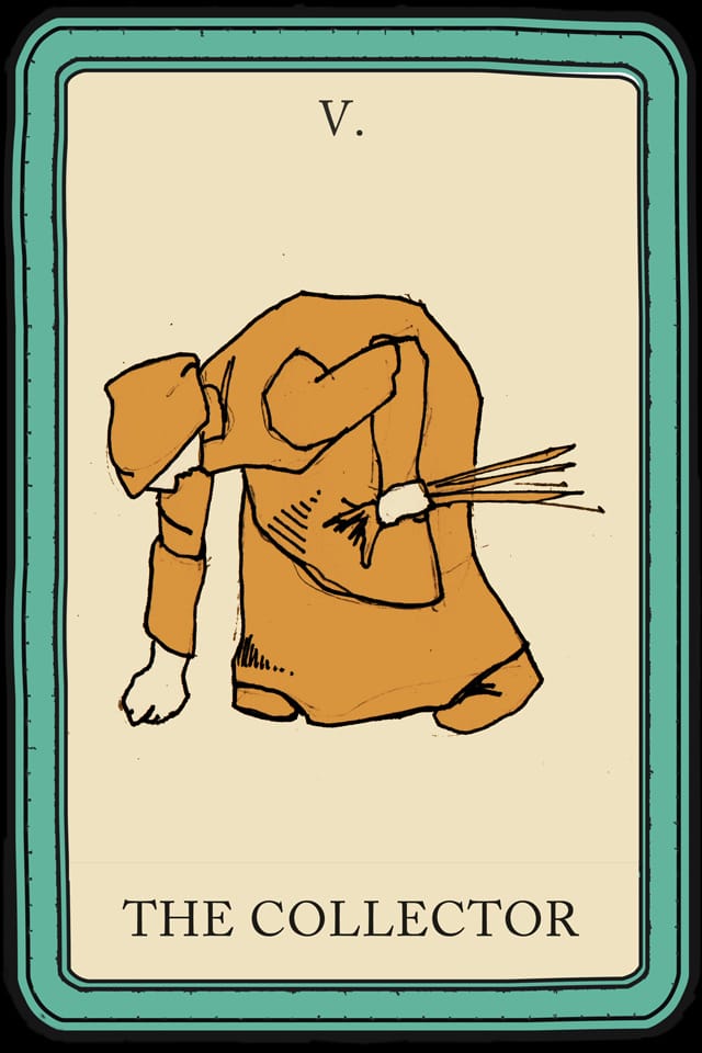 "The Collector" (2013),  from an idiosyncratic card deck representing different temperaments through varieties of work. All images are drawn by Sara Smith, digitally colored by Luke Hegel-Cantarella, and then made into 35 mm slides. Images will be projected as part of Another Tree Dance.