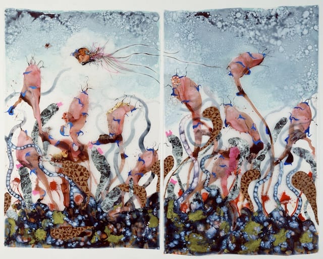 Wangechi Mutu, "Funkalicious fruit field" (2007), ink, paint, mixed media, plastic pearls,  and collage on Mylar, 92 x 106 (Collection of Glenn  Scott Wright, London. Image courtesy of Victoria Miro Gallery, London. © Wangechi Mutu)