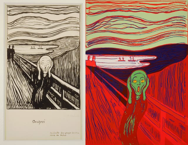 Edvard Munch, "The Scream" (1895), lithograph in black on heavy white wove paper, 13 3/4 x 9 3/4 (Catherine Woodard and Nelson Blitz Jr. © 2013 The Munch Museum/The Munch-Ellingsen Group/Artists Rights Society, New York); Andy Warhol, "The Scream (After Munch)" (1984), screenprint on Lenox Museum Board, 40 x 32 (The Andy Warhol Museum, Pittsburgh, Founding Collection, Contribution of The Andy Warhol Foundation for the Visual Arts, Inc. © 2013 The Andy Warhol Foundation for the Visual Arts, Inc. / Artists Rights Society Artists Rights Society (ARS), New York 1998.1.2548 (ARS), New York)