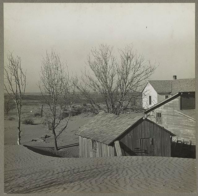 Arthur Rothstein.  "Liberal, Kansas. Soil blown by dust bowl winds piled up in large drifts on a farm" (1936) (image via Library of Congress) http://www.loc.gov/pictures/resource/ds.01322/
