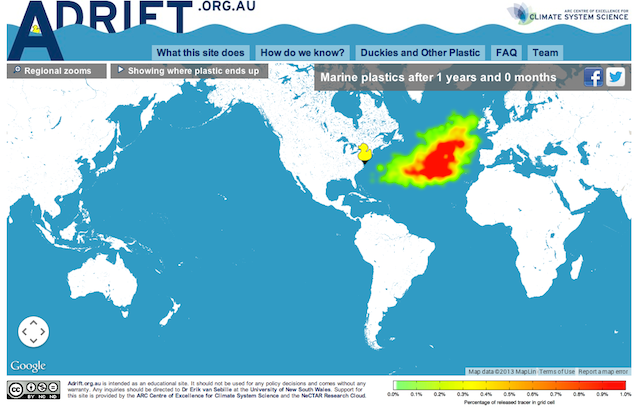 A screenshot of Adrift in action. The plume of plastic is heading east from Hyperallergic's offices and into London in a matter of months.
