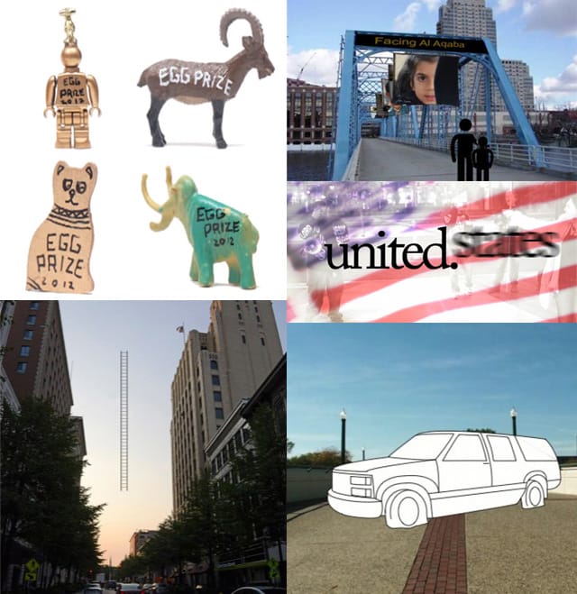 Works (clockwise from top left) include some of the "Egg Prizes" by